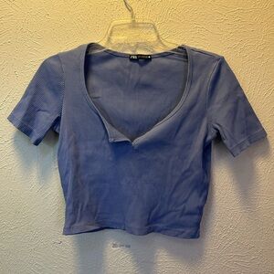 Zara Women's Light Blue Ribbed Crop Top